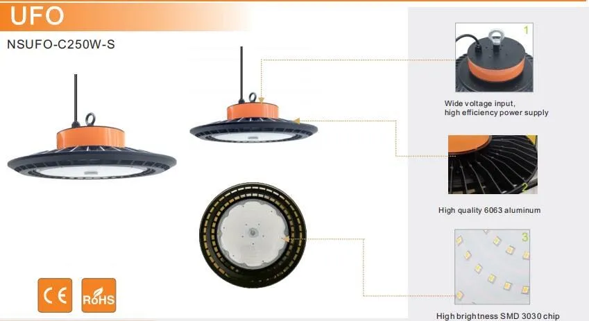 2020 New Arrival IP65 Warehouse Industrial 20000lm 28000lm Ce RoHS 180W 250W UFO LED High Bay Light UFO LED High Bay 200W