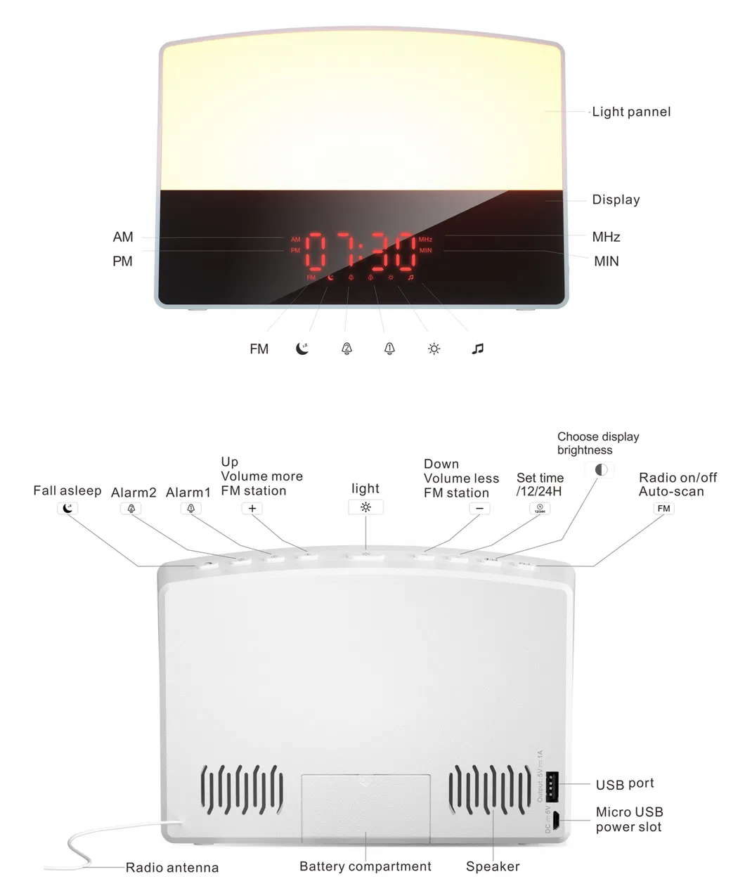 Alarm Clock FM Radio Wake up Light RGB Color Change Sunrise Simulation Wake up Light