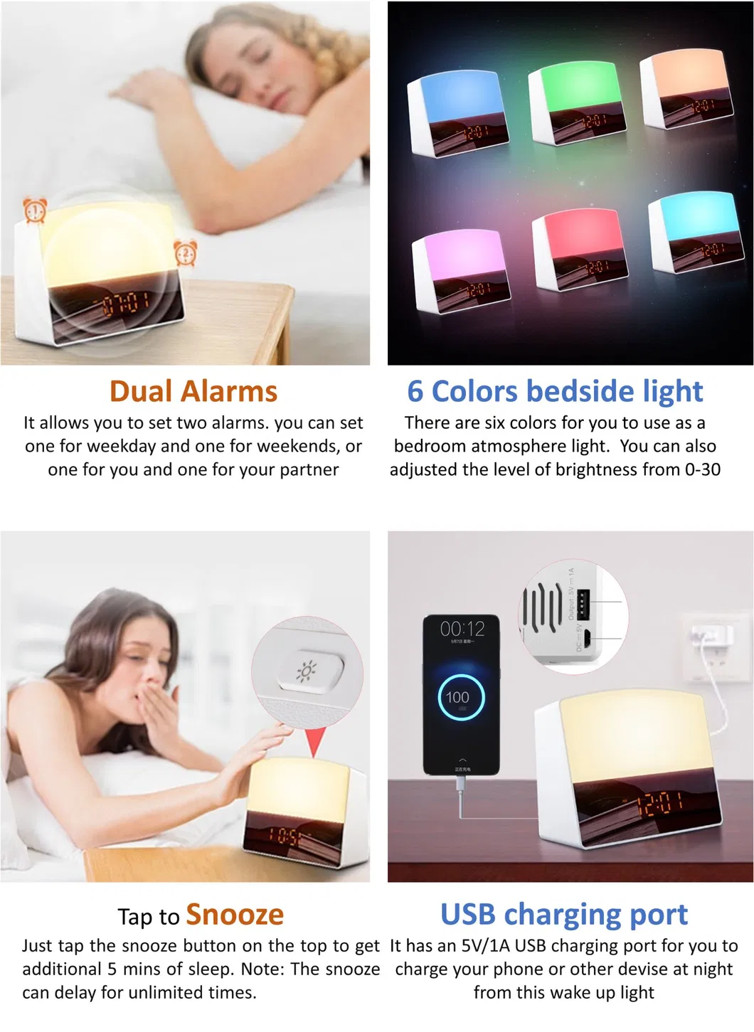Alarm Clock FM Radio Wake up Light RGB Color Change Sunrise Simulation Wake up Light