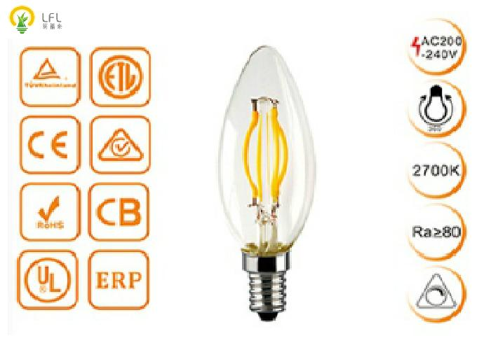 Curved Filament LED Candle Bulbs Coated Yellow Green Fluorescent Powder 2200K