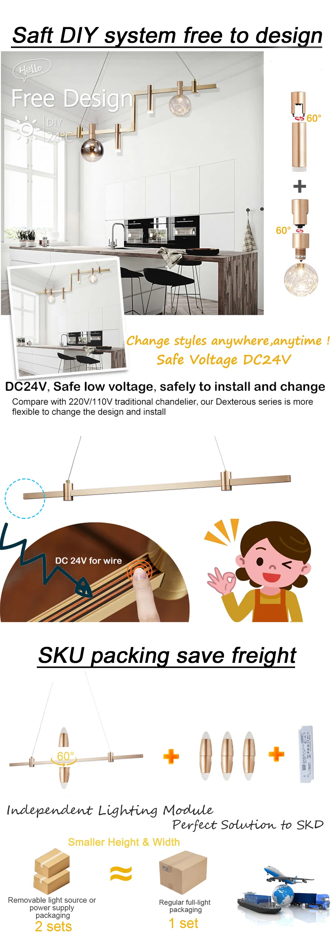 Dexterous Series Lights DC24V LED18W 3000K or 6000K Home Hotel Designer Decoration Modern Ceiling Chandelier Black Golden Pendant Lamp Indoor DIY Light