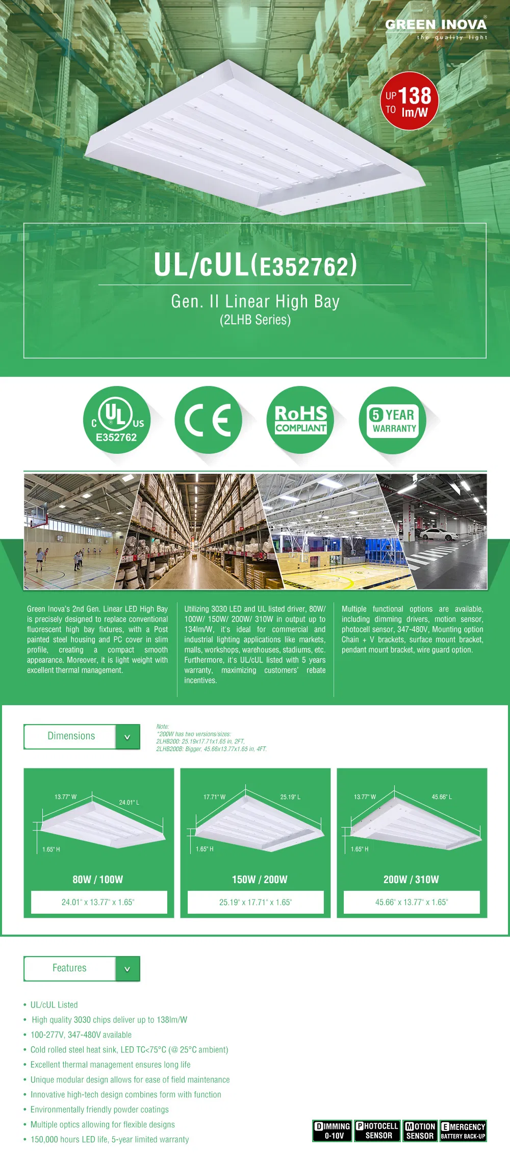 Dlc UL Ce SAA (80W 100W 150W 200W 310W) Industrial LED Light Fixtures Low Linear High Bay Lighting Lamp