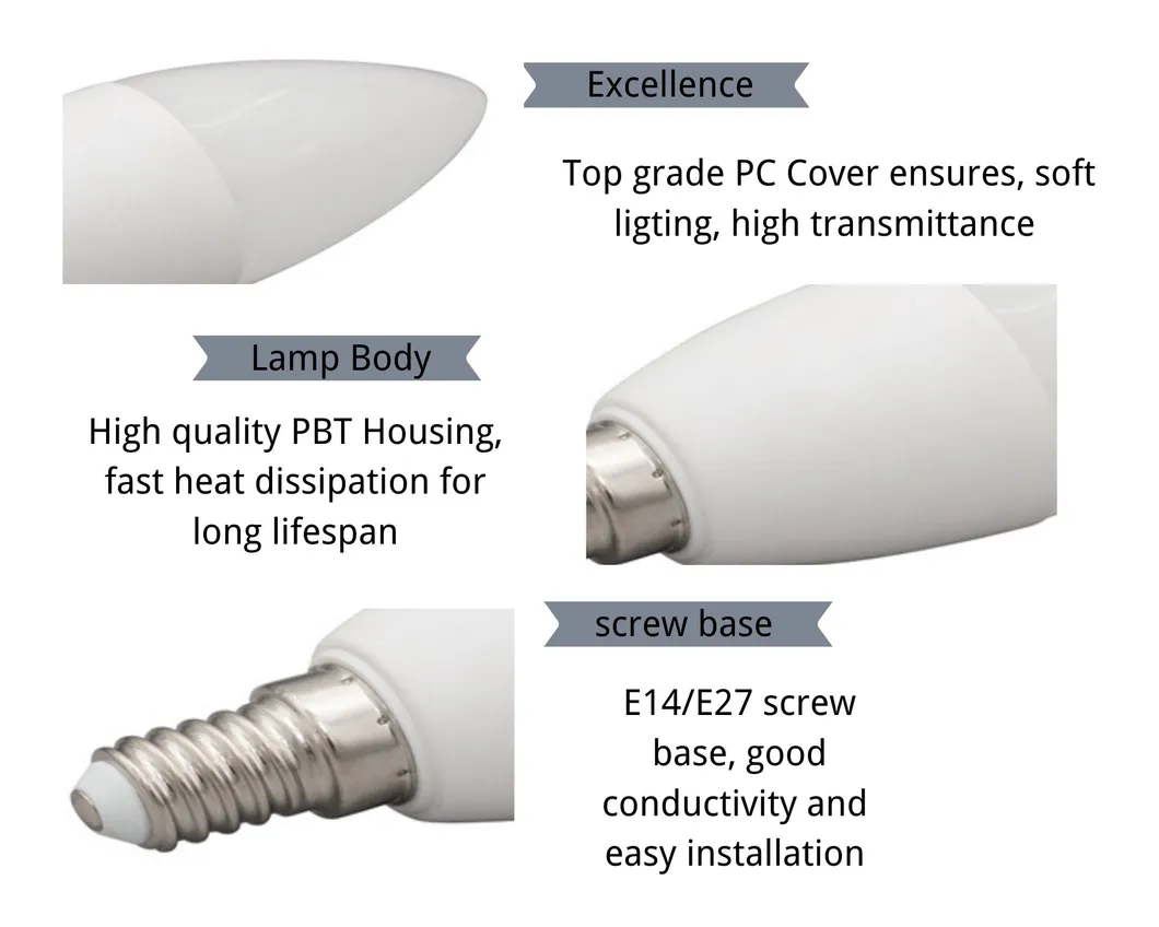 Energy Saving Lamp Bulb LED Candle Bulbs Light C37 C35 5W E14 E27 Base LED Lighting with Ce RoHS Certificates