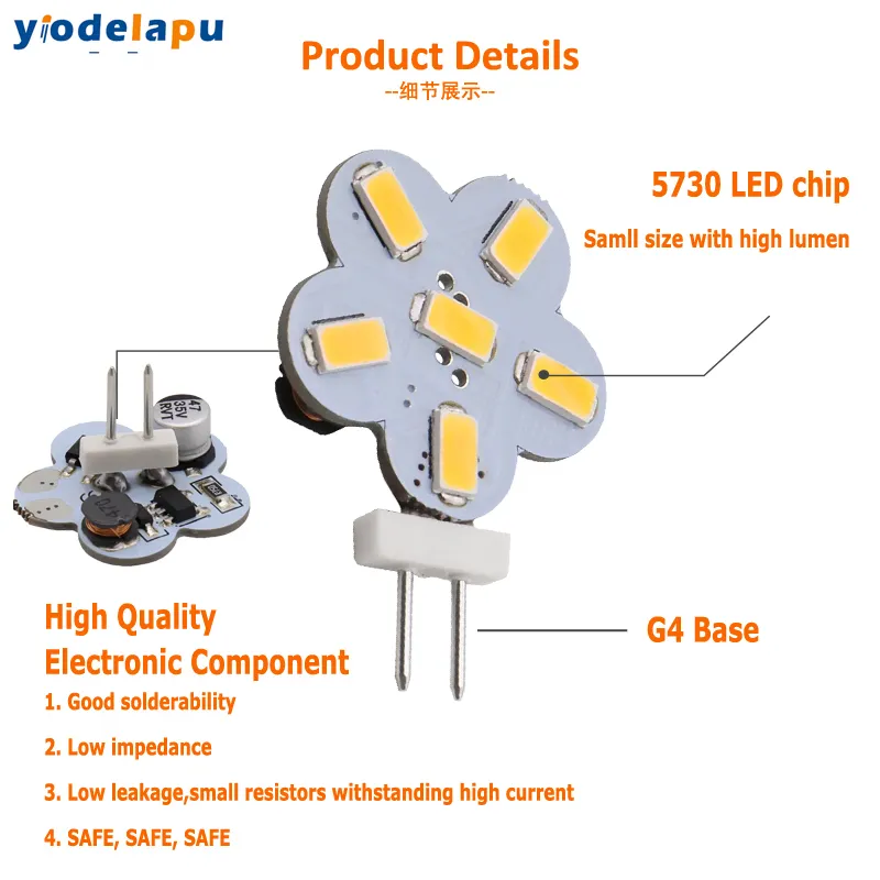 G4 Lamp 5730SMD 6LED Flower DC10-30V AC8-18V 1.2W 180 Degree Side Pin Wide Voltage LED Bulb