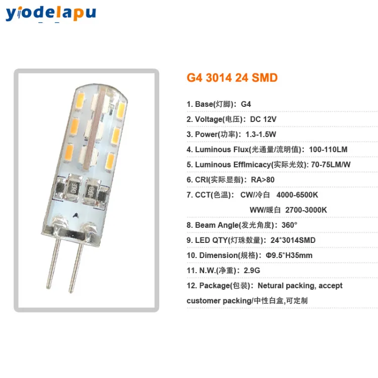 G4 LED Bulb 3014 DC 12V 24LED with CE RoHS
