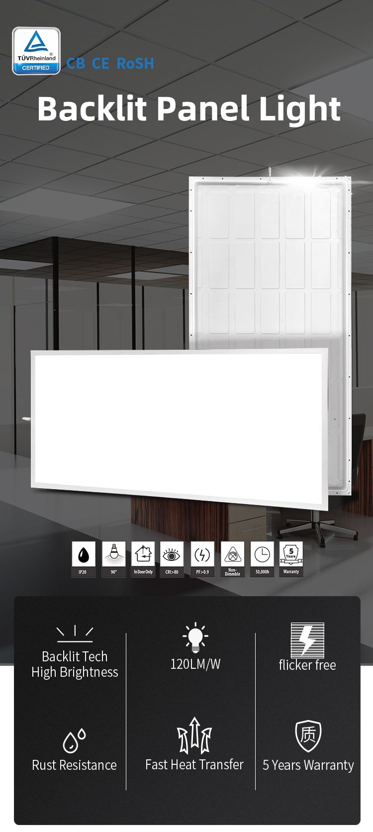 Modern New Design Hot Sale Office Backlit LED Flat Panel Light 60W 120lm/W 600X1200mm 2X4FT Aluminum Frame LED Panel Light
