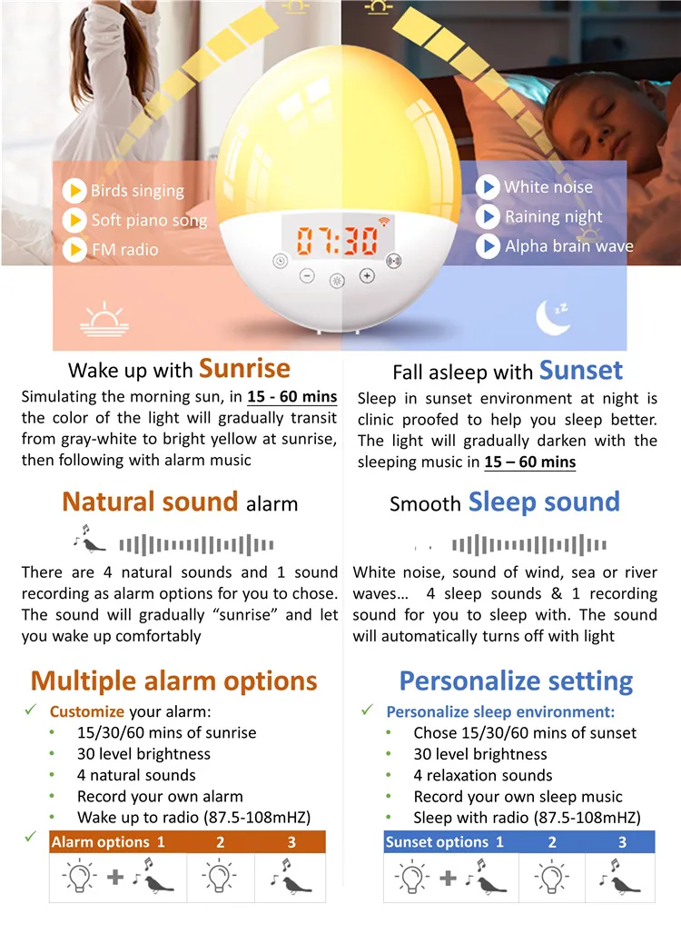 Most Popular Smart Tuya APP Wake up Light LED Kids Night Desk Lamps with FM Radio