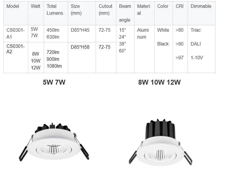 Silver Stainless Seel Color 5W 8W 10W 12W 0-10V Dimmable Adjustable COB LED Downlight Flicker Free